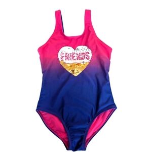 Cat & Jack Girls  Pink and Blue Swimsuit Sequin Heart Size 7-8